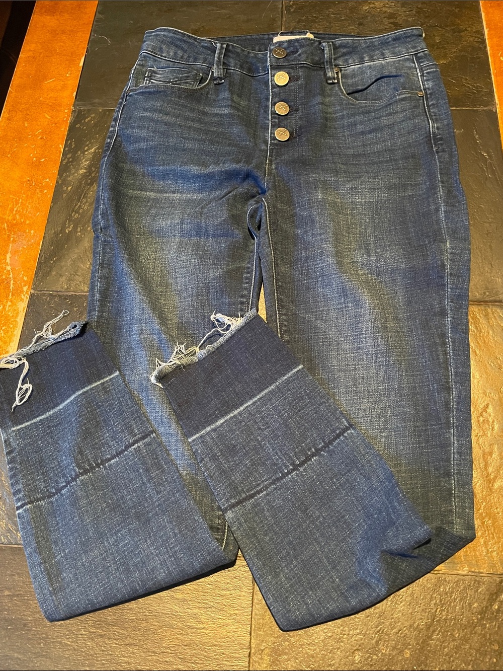 Button-Fly High-Rise Skinny Jeans in Dark Blue